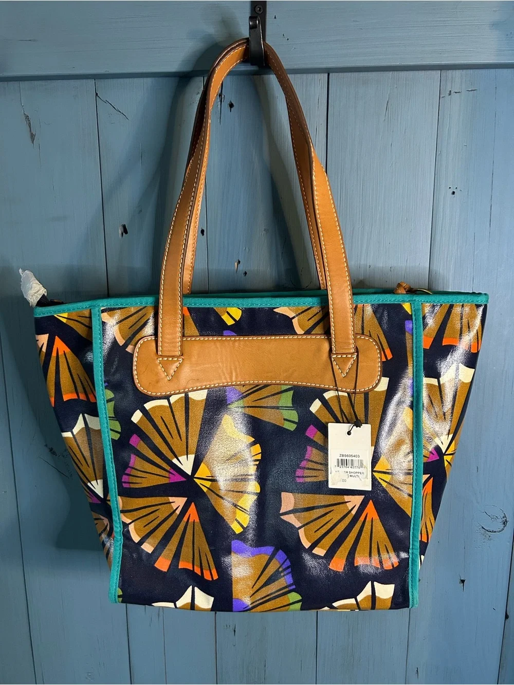 Fossil Navy Floral Fan-Print Tote with Tan Handles and Teal Trim - Picture 2 of 14